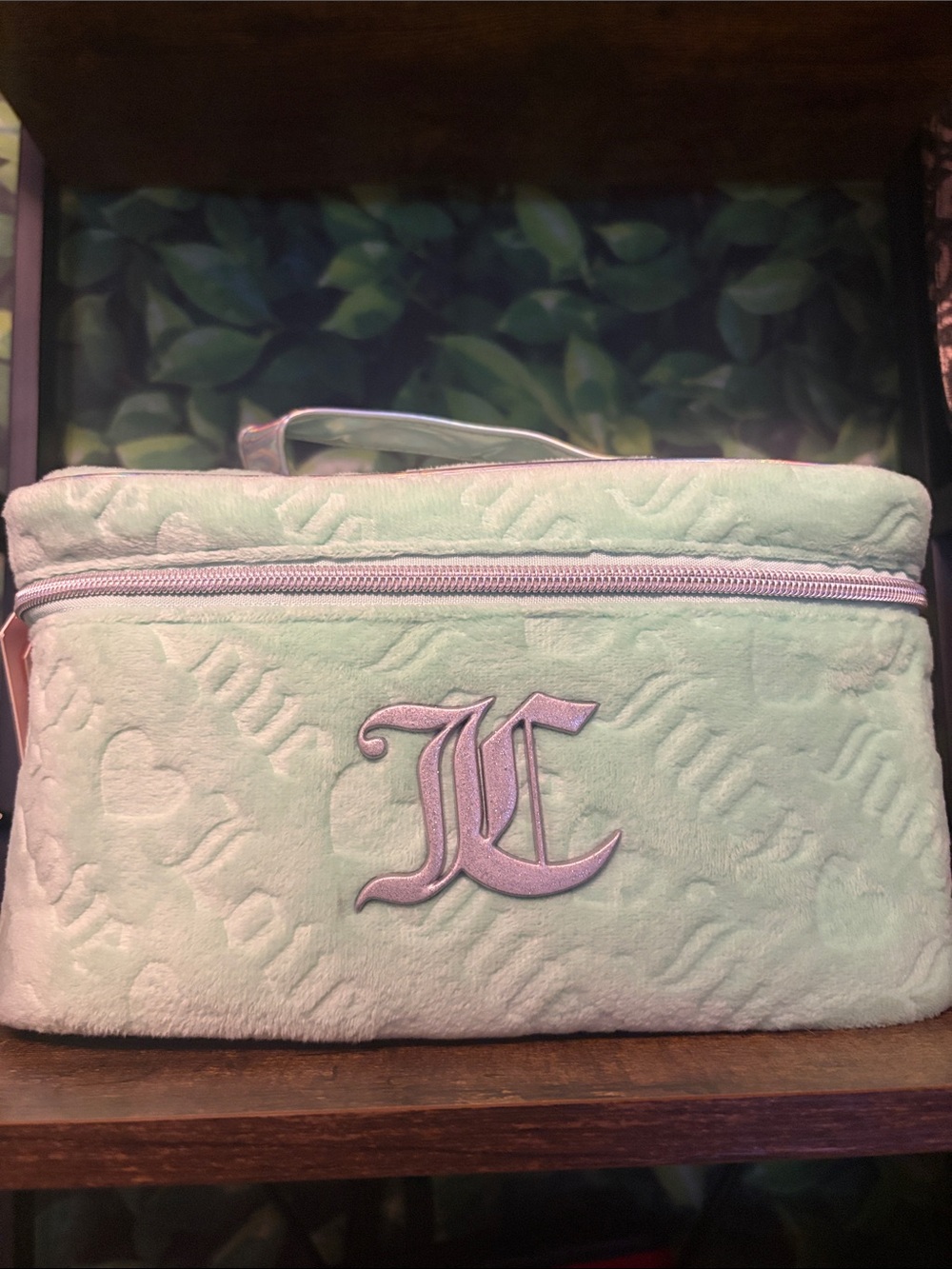 Juicy Couture Mint Plush Cosmetic Bag with Embossed Monogram